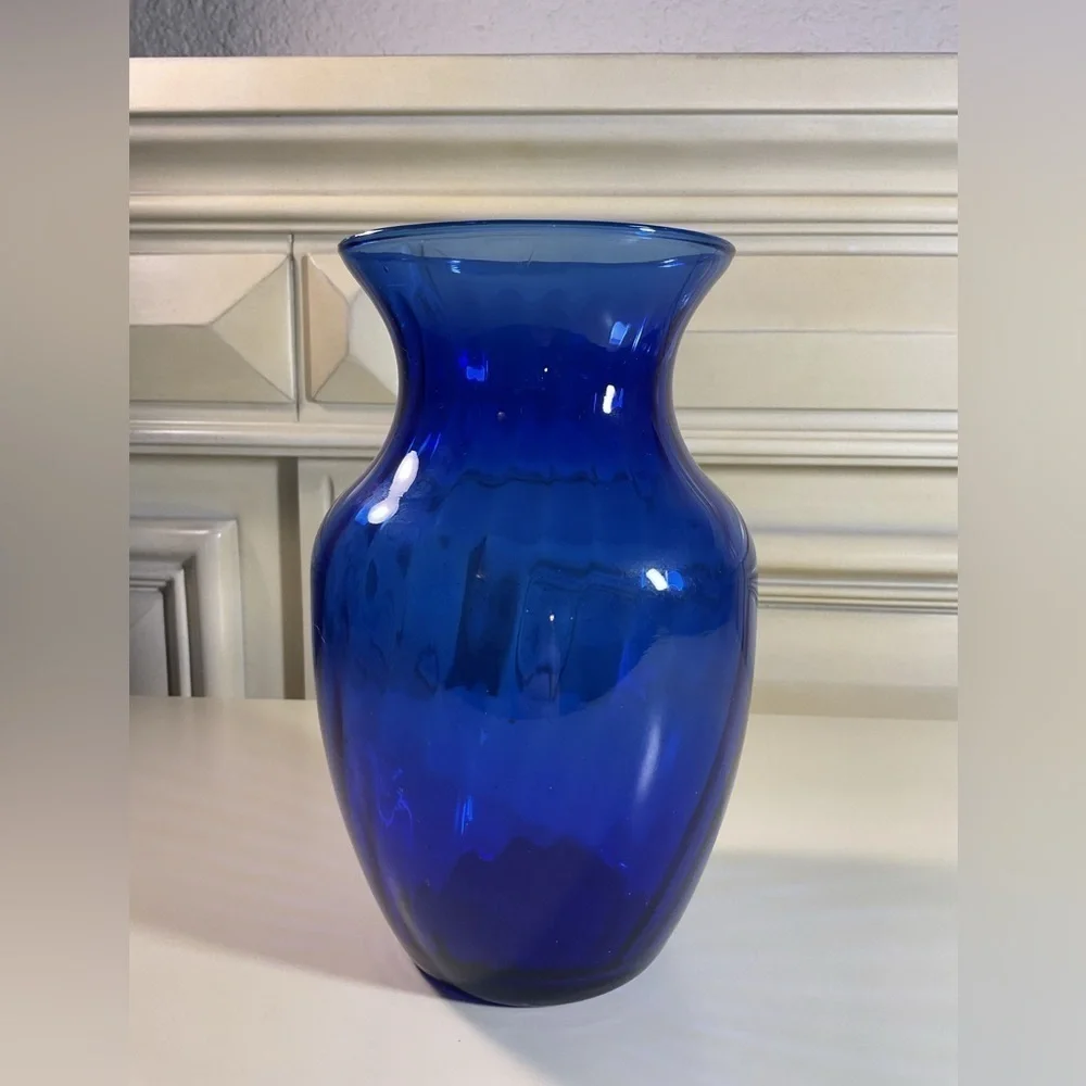 Vintage Ribbed Cobalt Blue Glass Vase Modern Coastal Home Decor